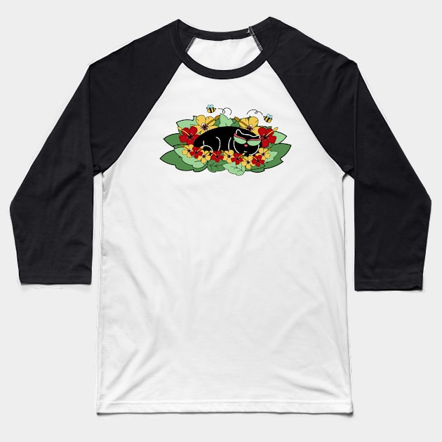 Spring Cat in Leaves and Flowers with Bees Baseball T-Shirt by Bitycat